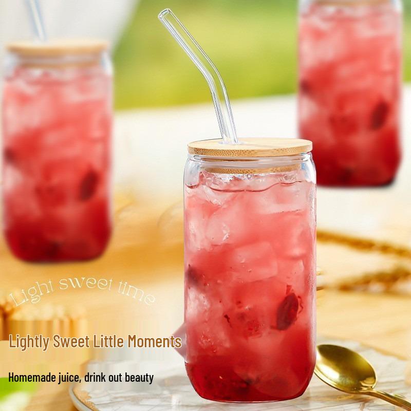 16oz High-Value Transparent Cola Cup with Bamboo Lid & Borosilicate Glass Straw, Logo Printed.
