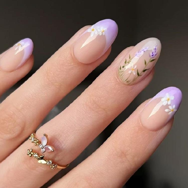 

Shine Artificial Nail 24Pcs Lavender French Design Short False Nail Winter Holiday Party Essential For Daily Use ABS 1