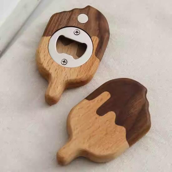 1/2Pcs Ice Cream Bottle Opener Refrigerator Magnet Wooden Fridge Magnet Bottle Opening Tool Home Office Kitchen Decoration