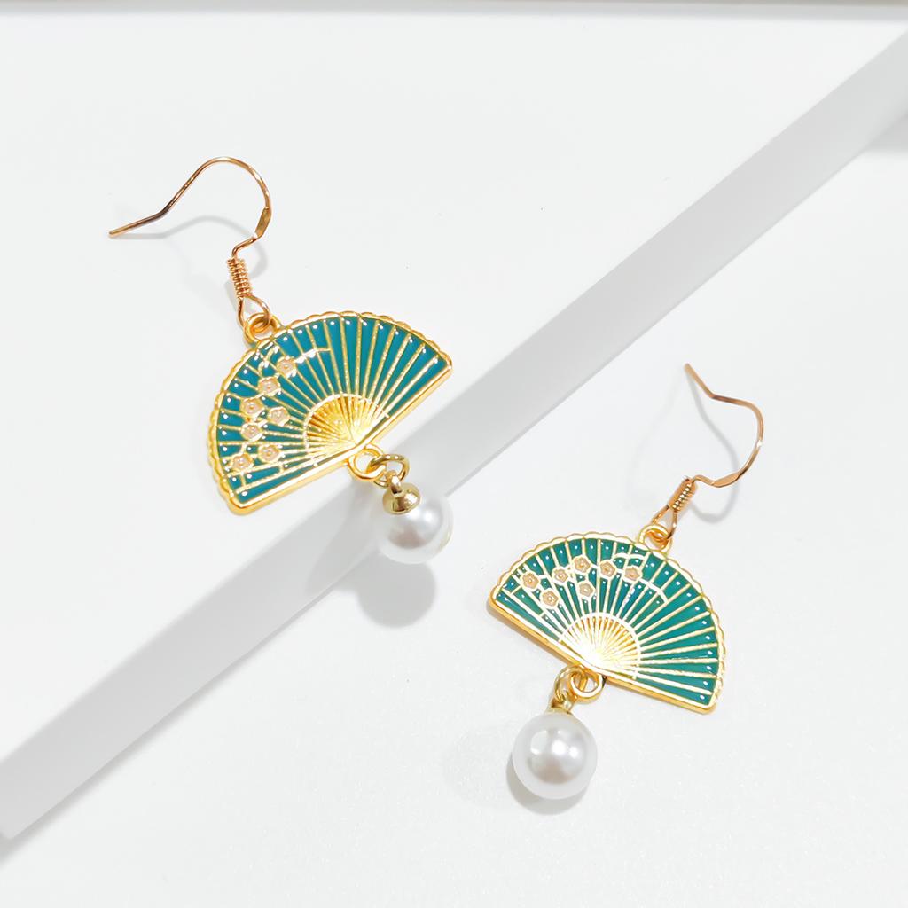 Ethnic Chinese Pearl Pendant Earrings for Women Retro Style Traditional Wedding Jewelry Flower Fan Shaped Tassel Creative Gifts
