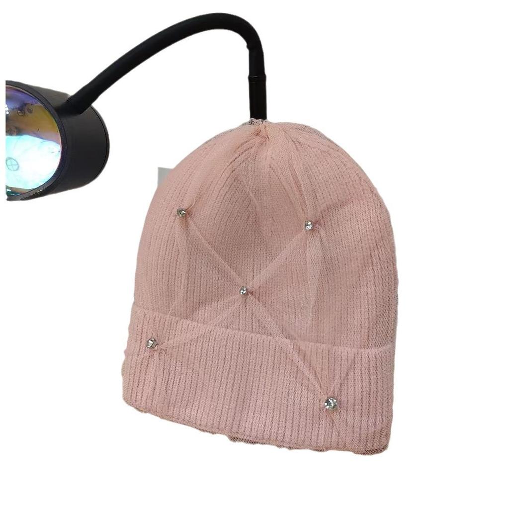 New Fashion Mesh Warm Rhinestone Wool Hat for Women In Autumn and Winter Thickened Ear Protection Head Cold Hat Korean Version Knit Hat Trend