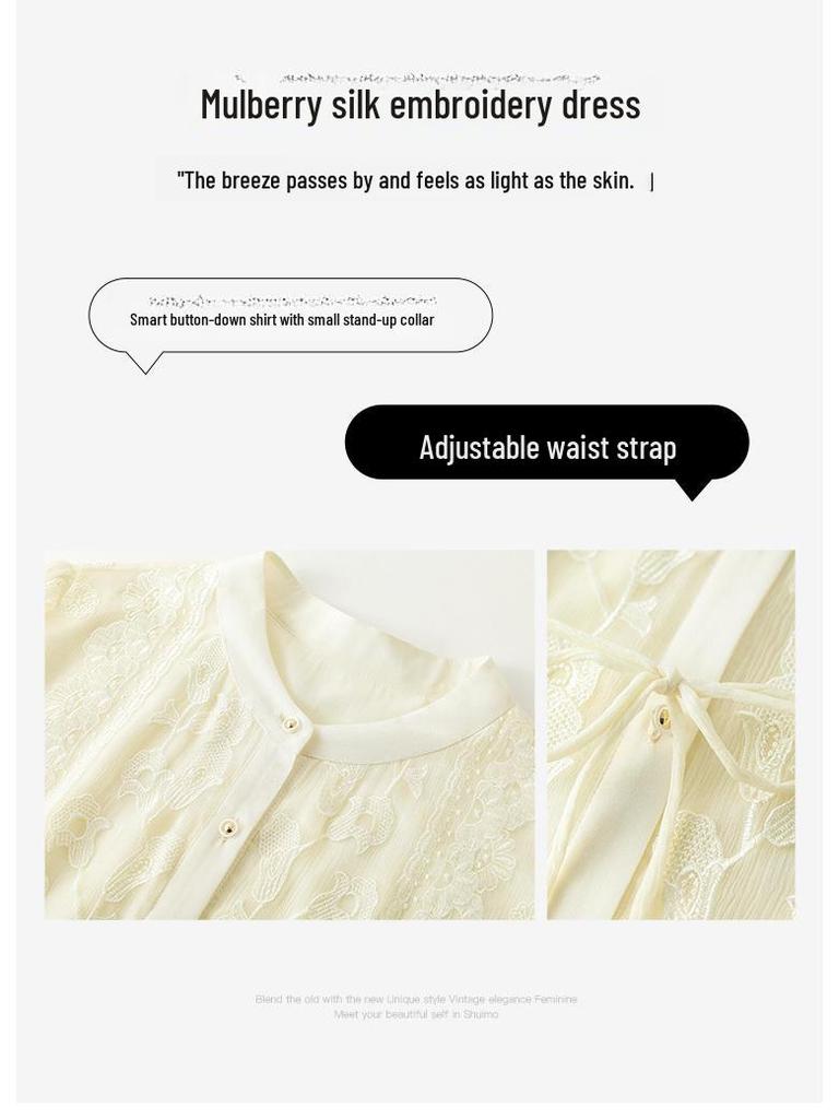 Women's Summer 2025 Slim Waist Embroidered Mulberry Silk Dress - Mid-Sleeve, Plus Size