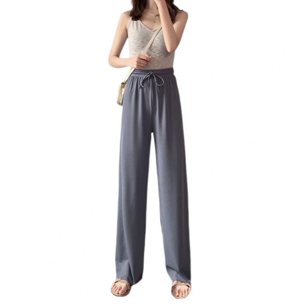 Women Ice Silk Pants Elastic High Waist Adjustable Drawstring Straight Wide Leg Pants Solid Color Long Trousers Daily Wear