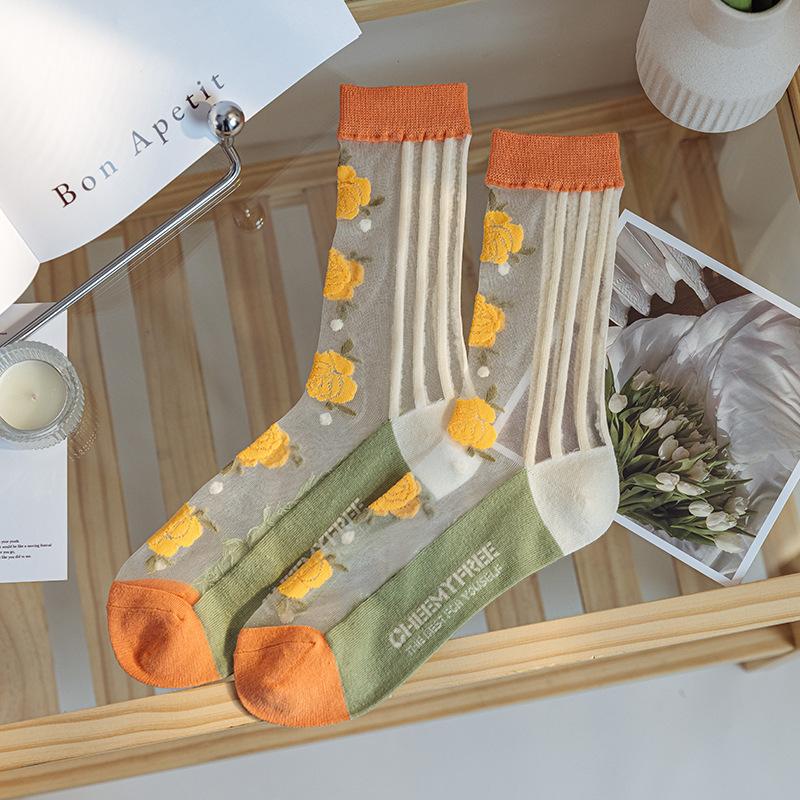 Spring/Summer Ultra Thin Vintage Crystal Silk Stockings for Women Socks for Women Mid-tube Stockings Breathable Cotton Sole Glass Silk Stockings