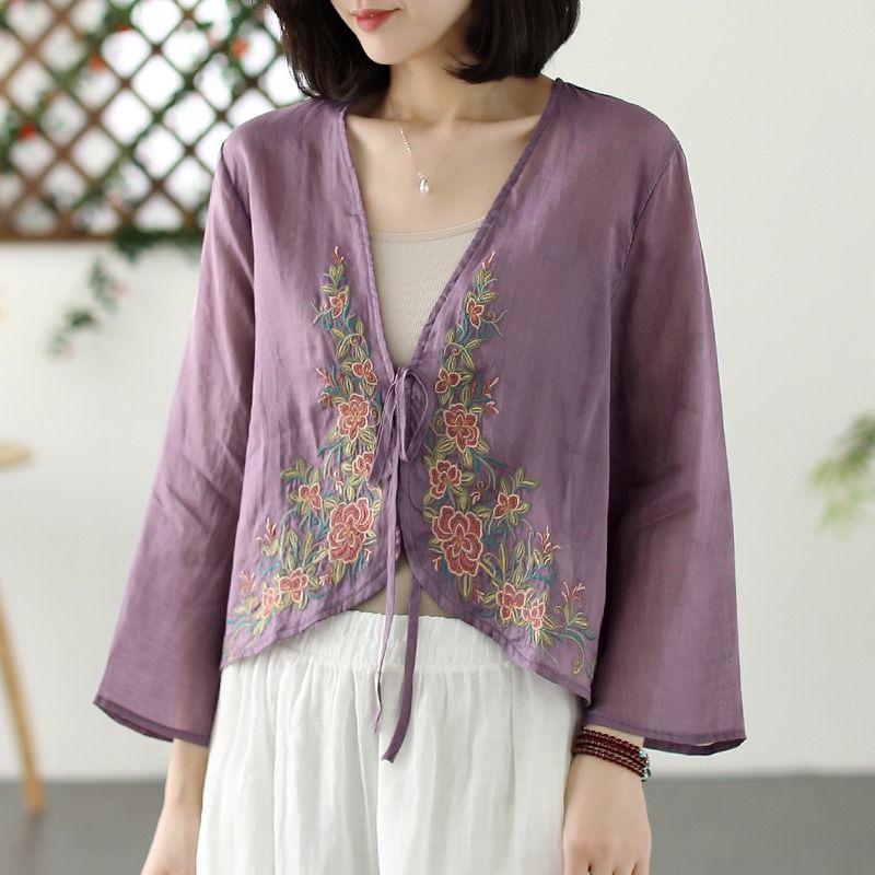 

2025 Spring/Summer Retro Embroidered 3/4 Sleeve Blouse Cardigan Jacket L зелёный