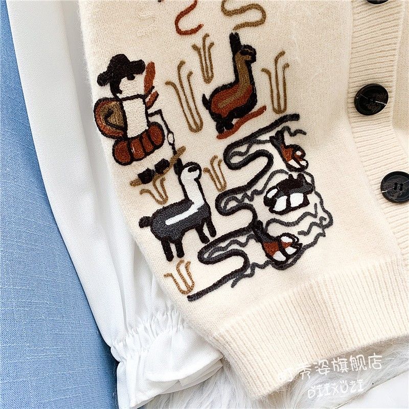 Spring  Autumn Knitted Vest Women Loose Knit Sleeveless Top V-neck Sleeveless Sweater Embroidered Cardigan Vest