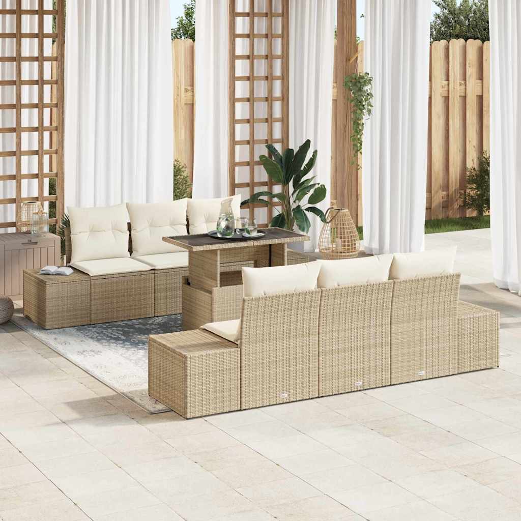 Sofa Set with Cushions 7 Pcs Beige and Cream Poly Rattan