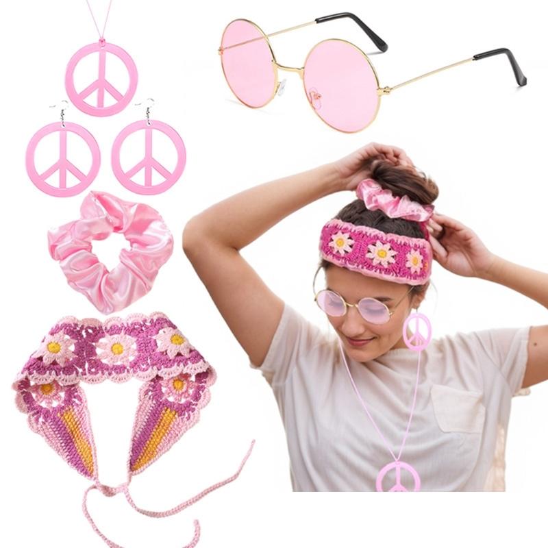 1970er Hippie Schmuck Accessoires Gestricktes Stirnband Halskette Ohrring Haargummi Brille für Damen 70er 60er Mottoparty
