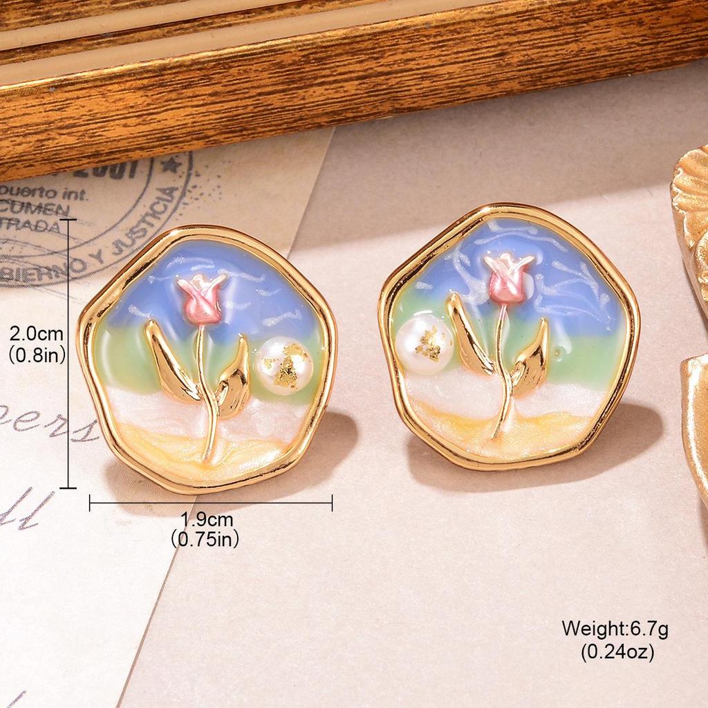 Vintage Baroque Pearl Stud Earrings: Retro Oil Painting & New Chinese Style Women's Jewelry