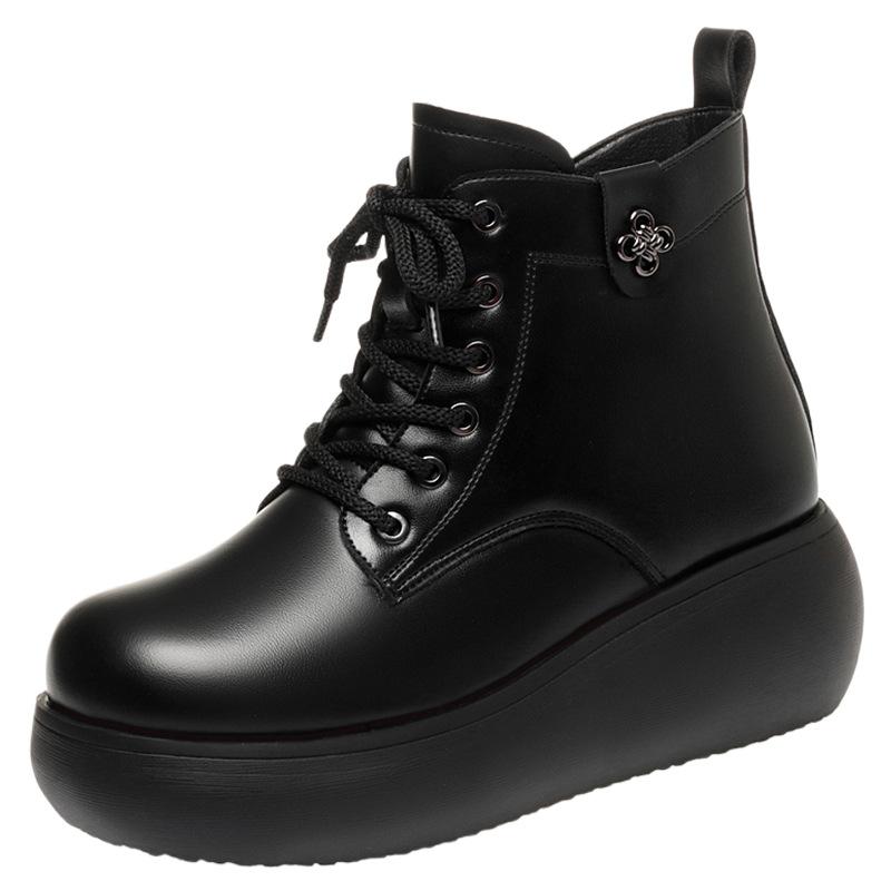 6cm Comfortable Thick Bottom Platform Shoes Soft Leather Boots Winter 2025 Med Heels Wedges Short Fur Snow Ankle Boots for Mom