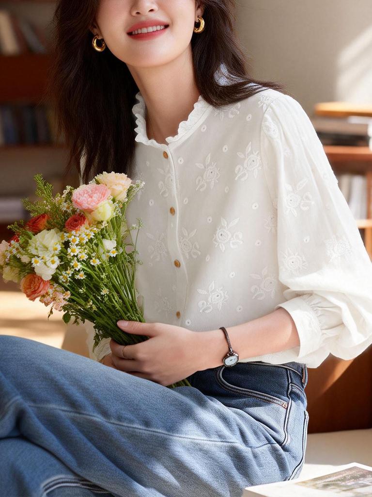 Women's Elegant Apricot Embroidered Cotton Long Sleeve Shirt with Wood Ear Collar - 2026 Spring Collection