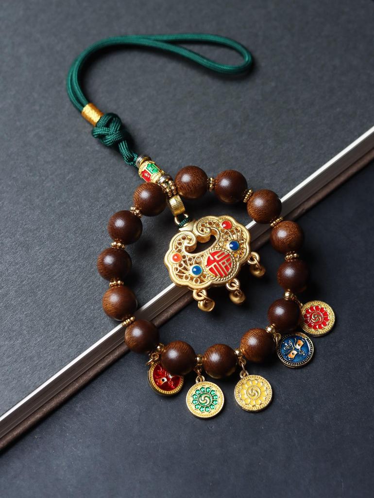 Fuson Red Soil Agarwood Car Pendant with God of Wealth & Peace Lock - Sinking Grade Beads Jewelry