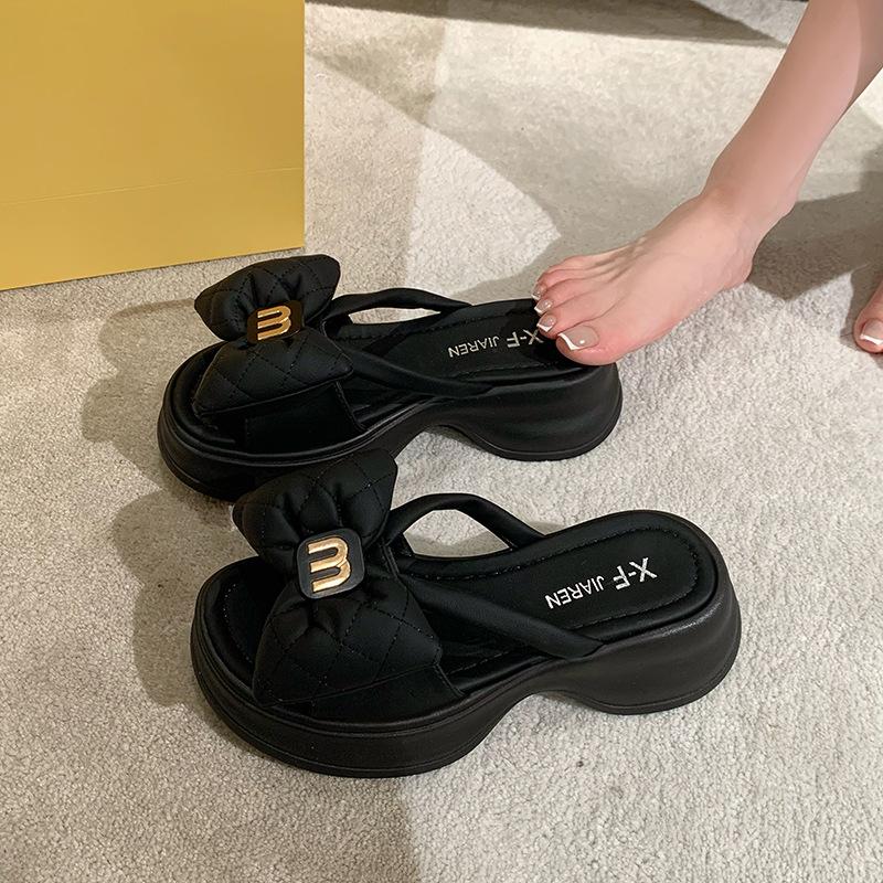 Fashion Leather Black Platform Slippers Women Thick Sole Beach Slippers Outdoor Summer Slippers Bow Slides Anti-slip Women Flip Flops