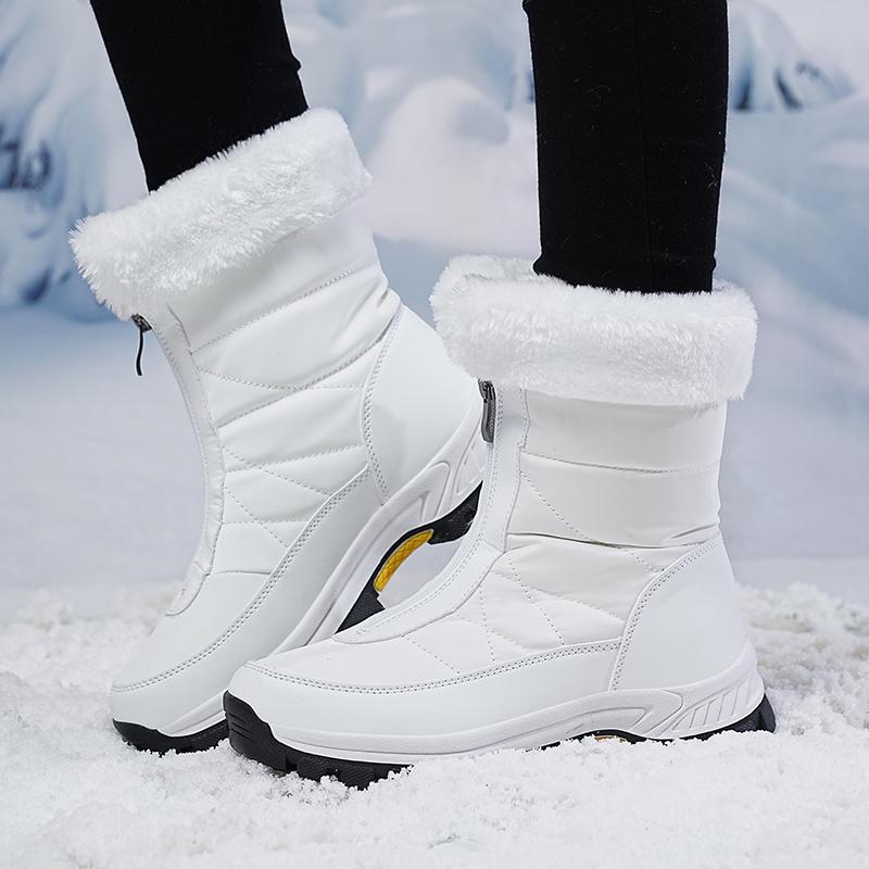 Women's Winter Leather Boots Women Winter Shoes Keep Warm Non-slip Black Snow Boots Ladies Lace-up White Boots