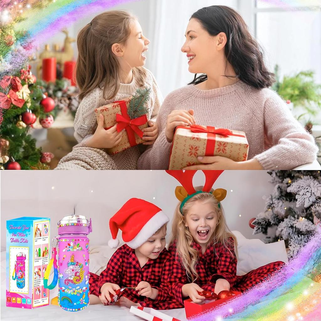 Creative DIY Gemstone Kids Water Bottle 600ml Rainbow Unicorn for School & Outdoor, Holiday Gift for Boys Girls Age 4-6-8-10, Multicolor