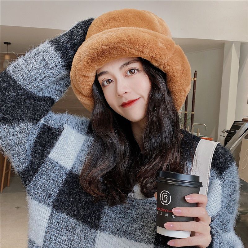 Thick Plush Berets Faux Rabbit Fur Fisherman Hat Women Autumn Winter Warm Thickened Bucket Hats Panama Plush Basin Cap Beanies