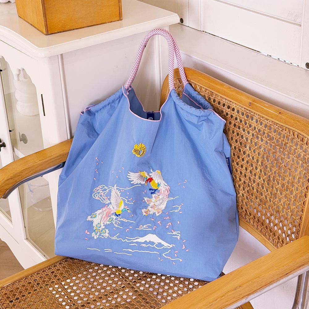 Japanese Style Handmade Waterproof Nylon Canvas Bag with Embroidered Patterns, Large Capacity