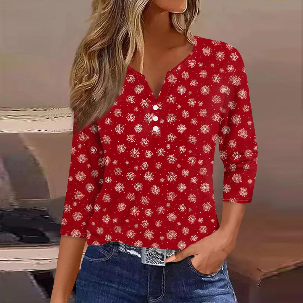 Damenmode Lässig Halloween Bedruckt V-Ausschnitt Kurzarm Zierknopf Dreiviertelarm T-Shirt Top