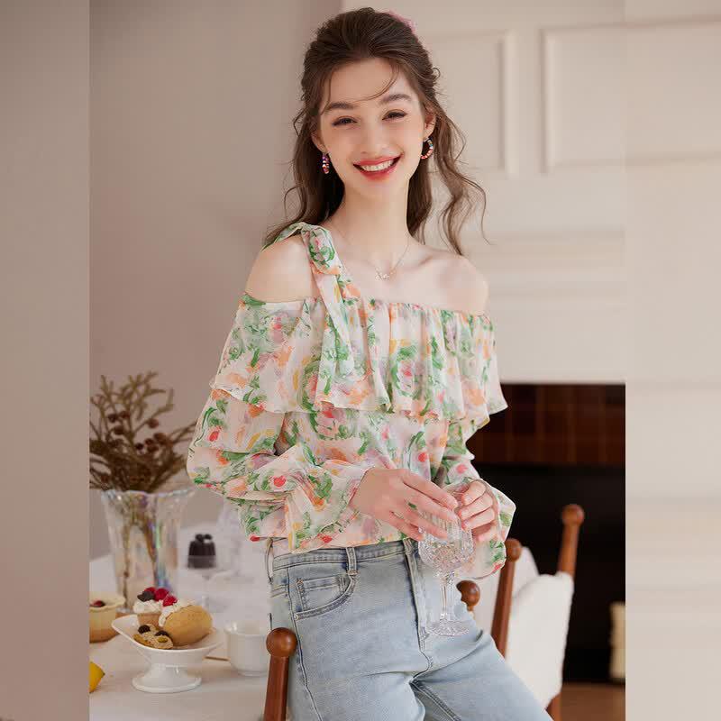 Bailuyu Elegant Floral Ruffle Blouse L