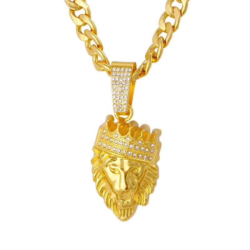 Trendy Men s Crown Lion Head Necklace: Hip Hop Style Micro-Inlaid Alloy Pendant