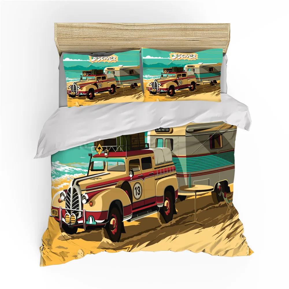 Surf Duvet Cover Hippie Classic Old Bus Surfboard Freedom Holiday Exotic Life Sketchy Art Yellow Orange Room Decor For Women Men