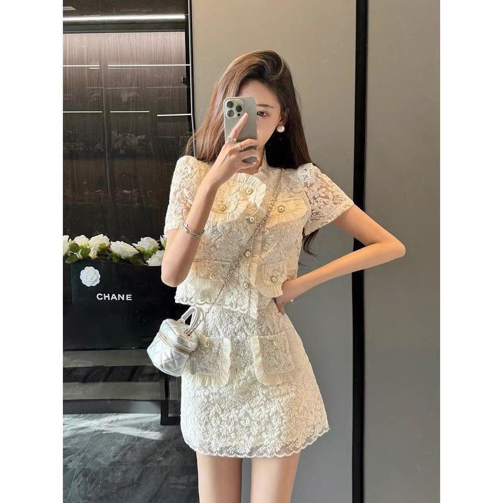 2026 Summer Women s High-End Slim Fit Lace Skirt Suit with Short Sleeves - Small Fragrance Style Two-Piece Set S