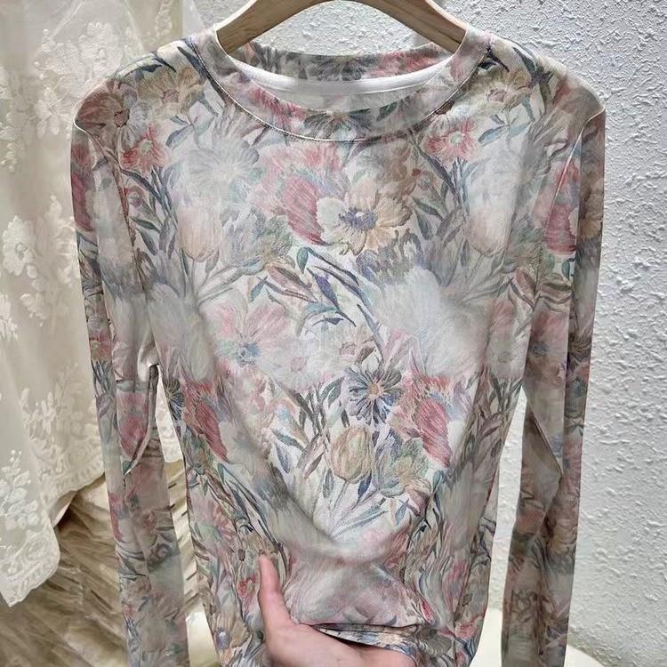 Women's 2025 Retro Print Mesh Long Sleeve T-Shirt – Stylish, Versatile Inner Layer Fashion Top