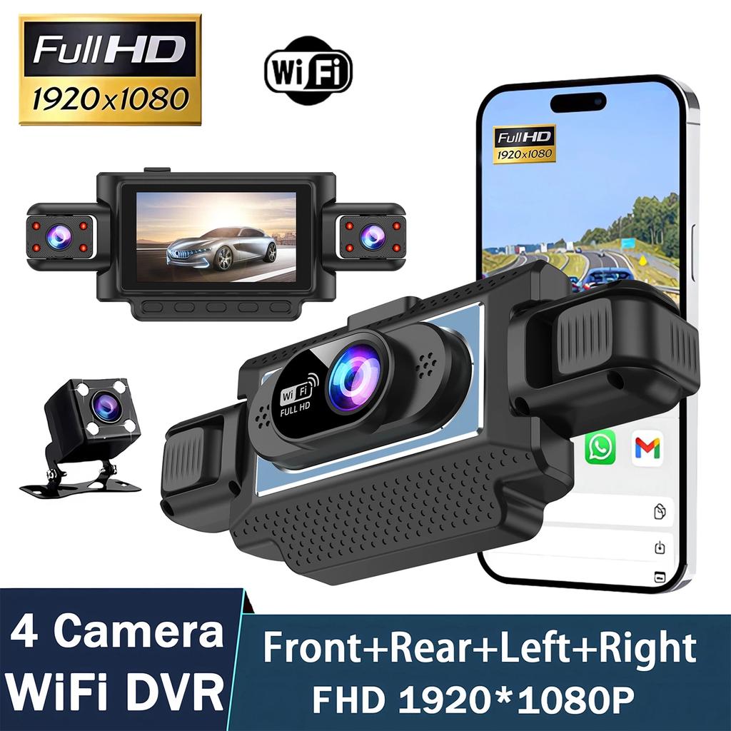 4-Channel 360° Dash Cam for Cars – WiFi APP, 1080P, 4 Camera Lenses, Rear View, Video DVR