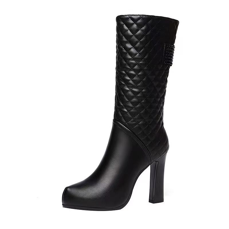Fashion FHC Cowhide Leather Mid Calf Boots,Women's Winter Shoes Plush Botas,Side Zip,Square Heel Footware Female BLACK PLATFORM,Dropship