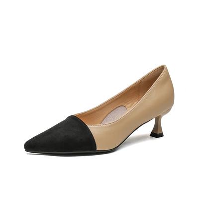 Fashion Cowhide Apricot Color Contrast Black High Heels Pointed Leather Women's Shoes Lined Sheepskin Pumps