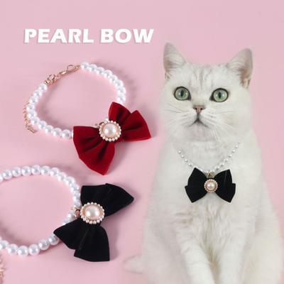 Princess Style Cat Necklace Faux Pearls Velvet Bowknot Decor Adjustable Design Pet Kitten Collar Pet Accessory