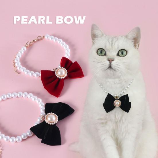 Princess Style Cat Necklace Faux Pearls Velvet Bowknot Decor Adjustable Design Pet Kitten Collar Pet Accessory