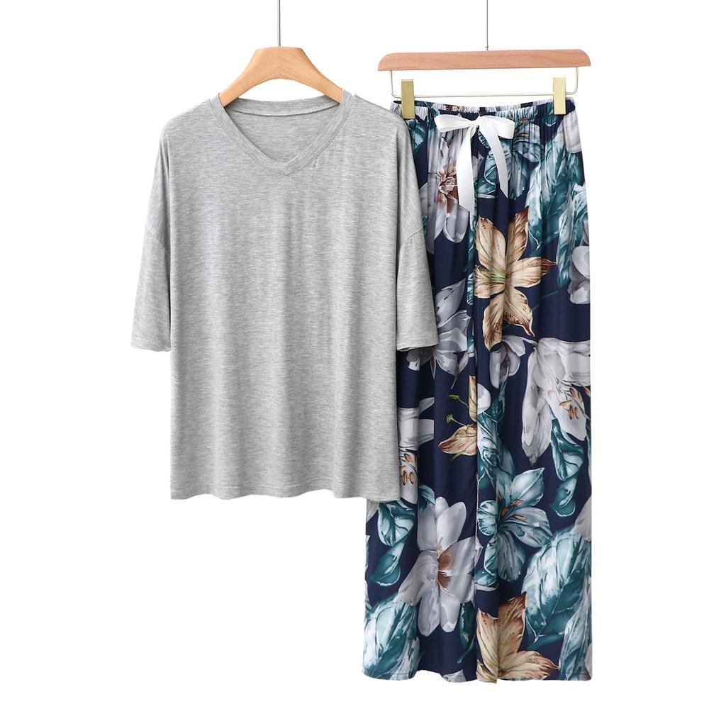 Sommer Damen Pyjama Sets Modal Kurzarm T-Shirts und Weitbein Hosen Heiß Lässig Homewear 2-teiliges Anzug Damen Nachtwäsche