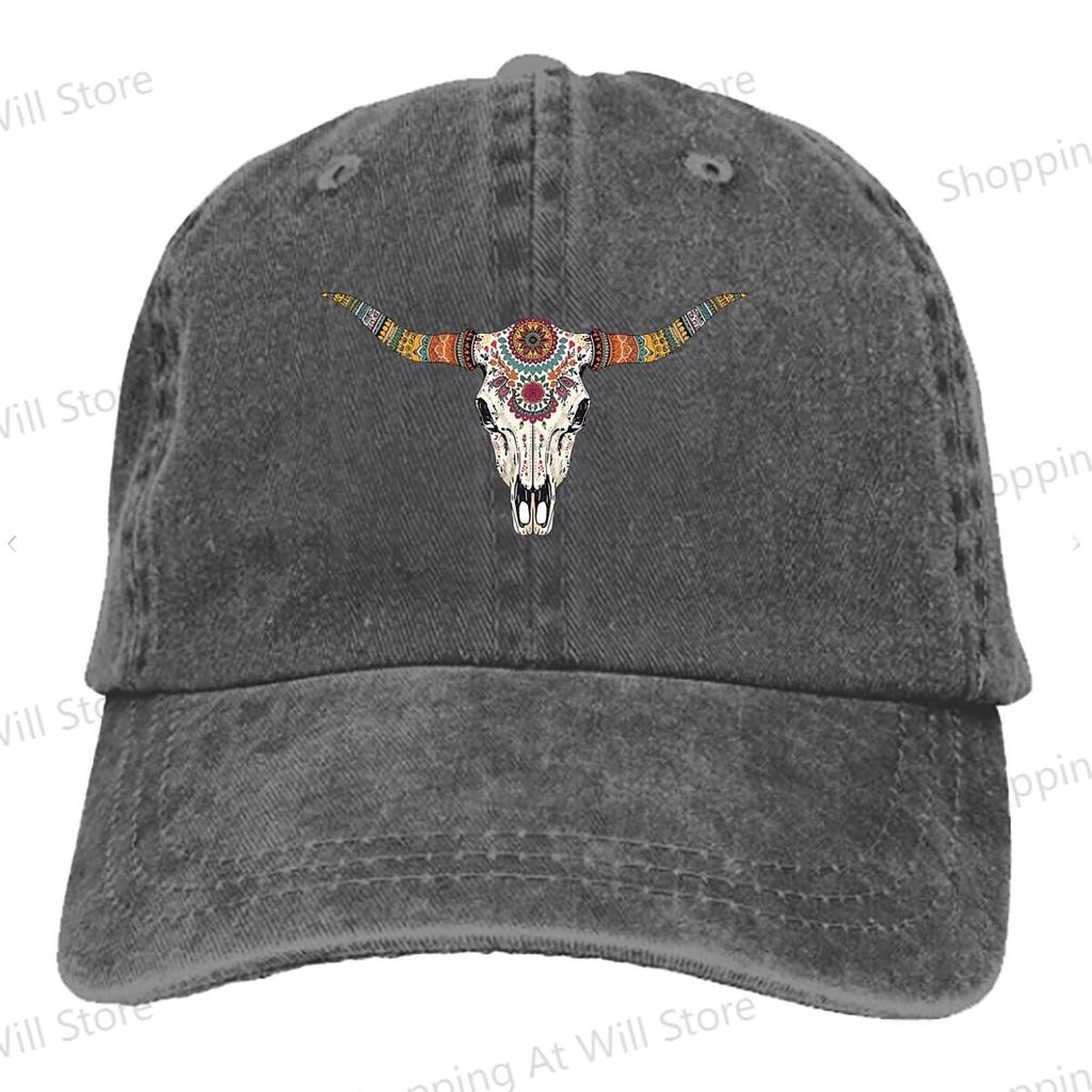 Boho Cow Skull Dad Hat Washed Mens Baseball Cap for Men Women Caps