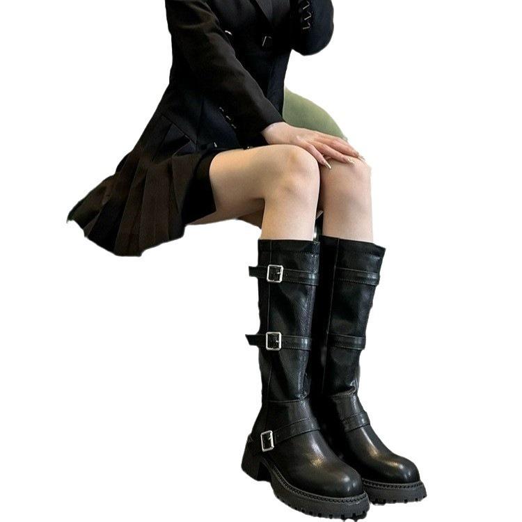 Belt buckle knight boots women's tall boots autumn and winter new products, small thick soles but knee boots women's straight boots women