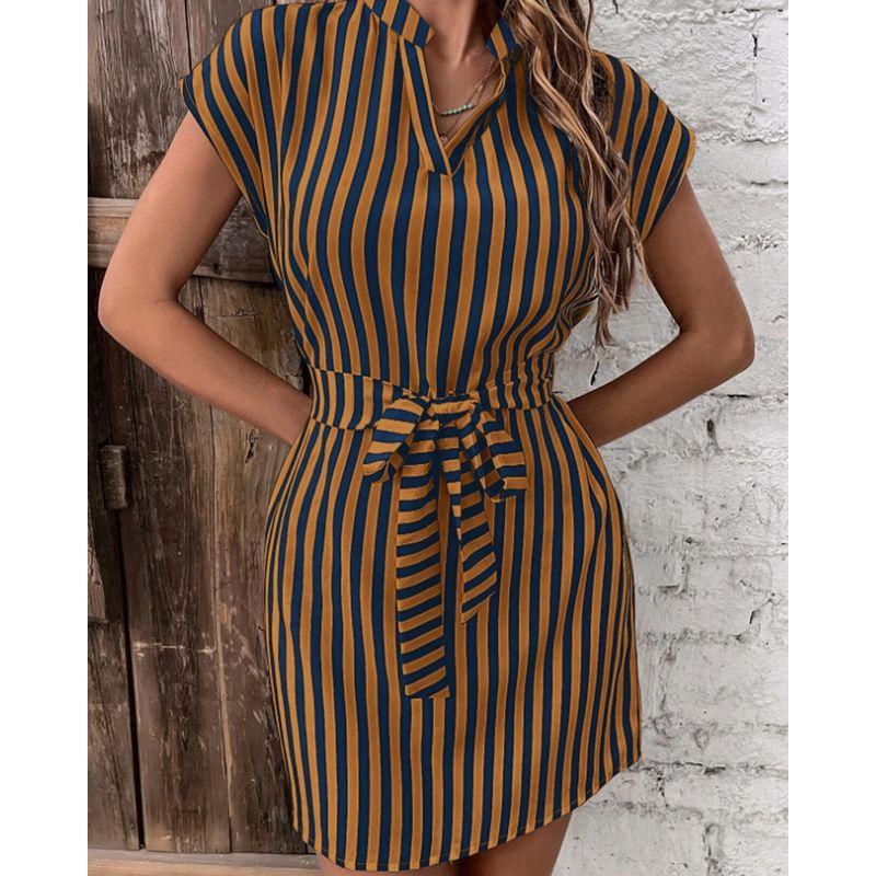 European and American Women clothes Sleeve Stripe Lace-up Dress Summer Casual Short dress Striped Lace up Dress