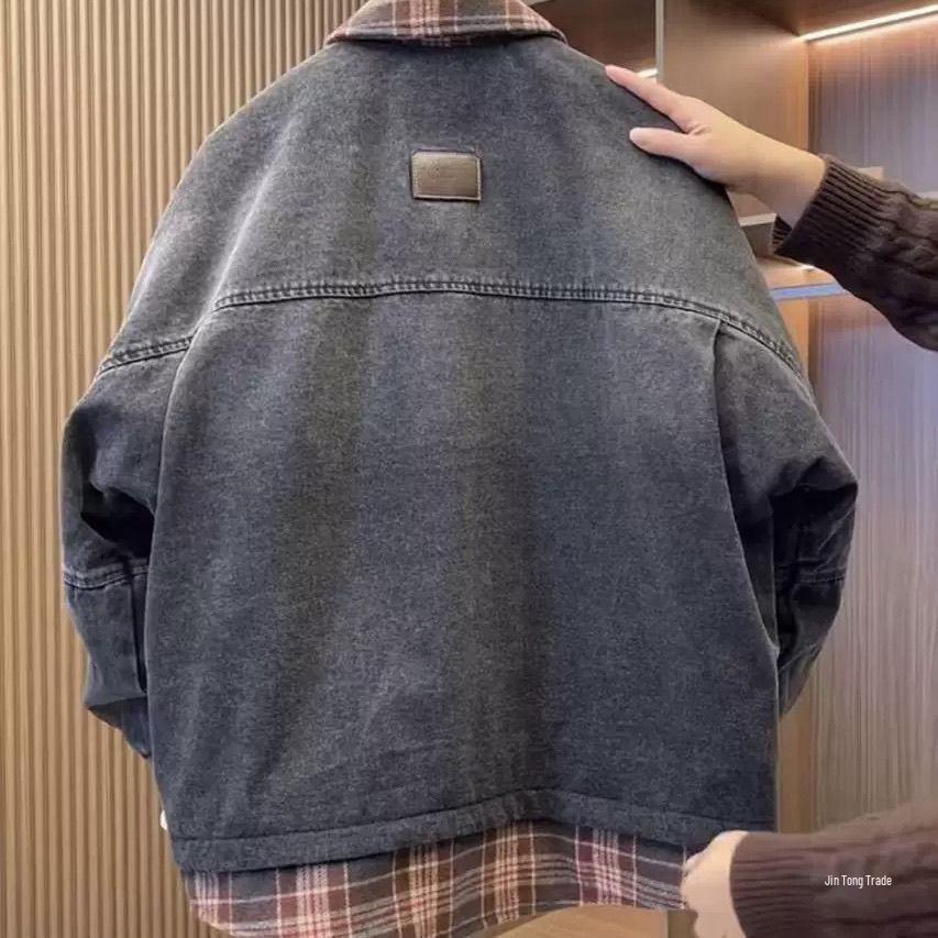 Men's 2025 Winter Lapel Denim Plaid Patchwork Down Jacket - Two-Piece Look, Thick & Warm Outerwear