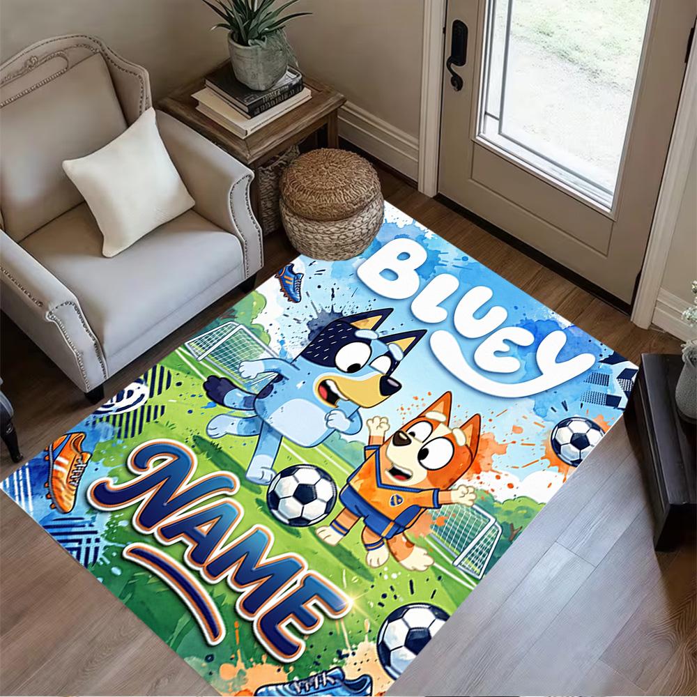 Bluey's Festive Football Fun Customized Name Floor Mat Suitable for Bedrooms Living Rooms Dining Room Decorate Room Antislip Carpet Anime Office Decor