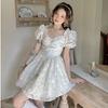 Sweet first love style splicing square neck dress women's clothing summer new waist and thin temperament princess tutu