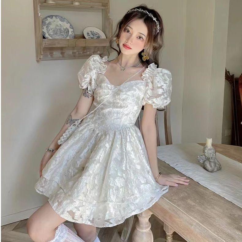 Sweet first love style splicing square neck dress women's clothing summer new waist and thin temperament princess tutu