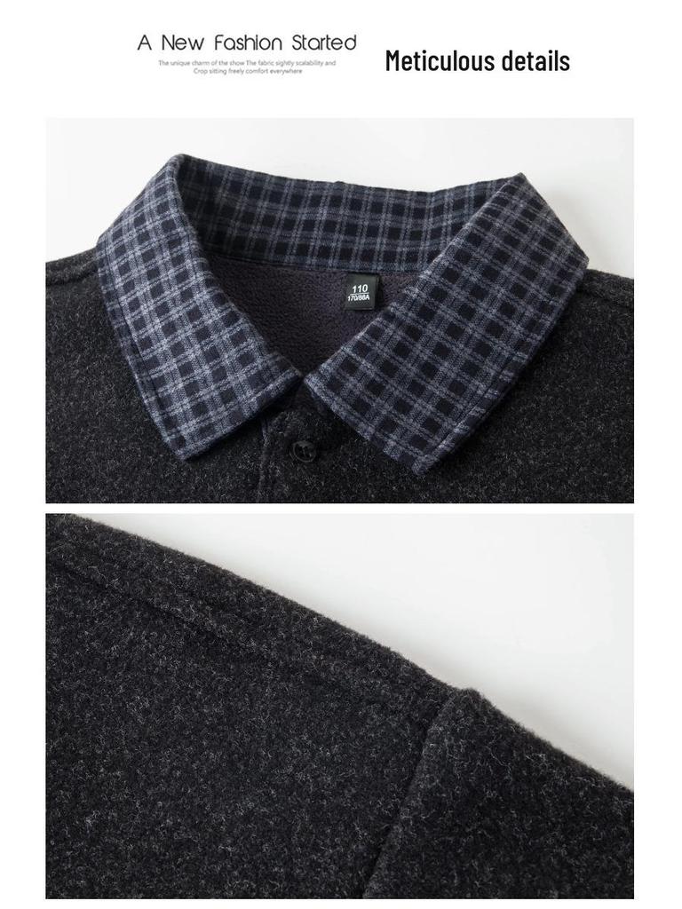 2025 Fall/Winter Men's Faux Two-Piece Sweater - Plus Velvet, Solid Color, Warm Knit Base Layer for Middle-Aged Dads