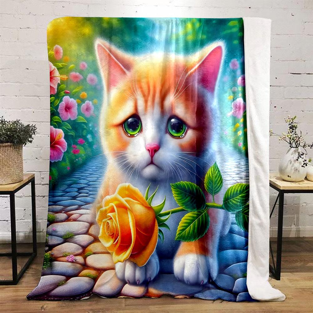 Cute Sad Kitten with Yellow Rose Art Patterned flannel blanket perfect for the bedroom living room, sofa, or a little nap