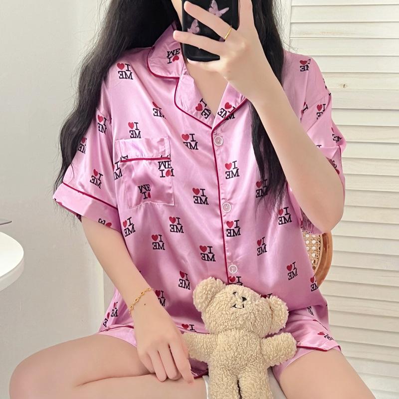Sweet Girl Ice Silk Pajamas Women'S Summer Short-Sleeved Cardigan Fruit Paradise Printed Loungewear Set