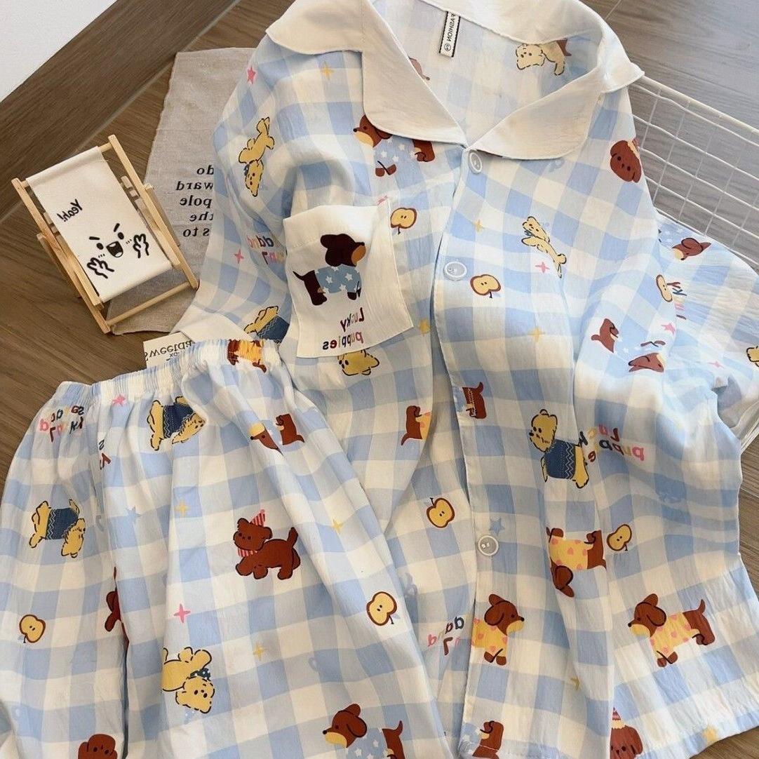 

Korean version of cute plaid sausage puppy pajamas women s summer short-sleeved shorts cardigan set can be worn outside loungewear S