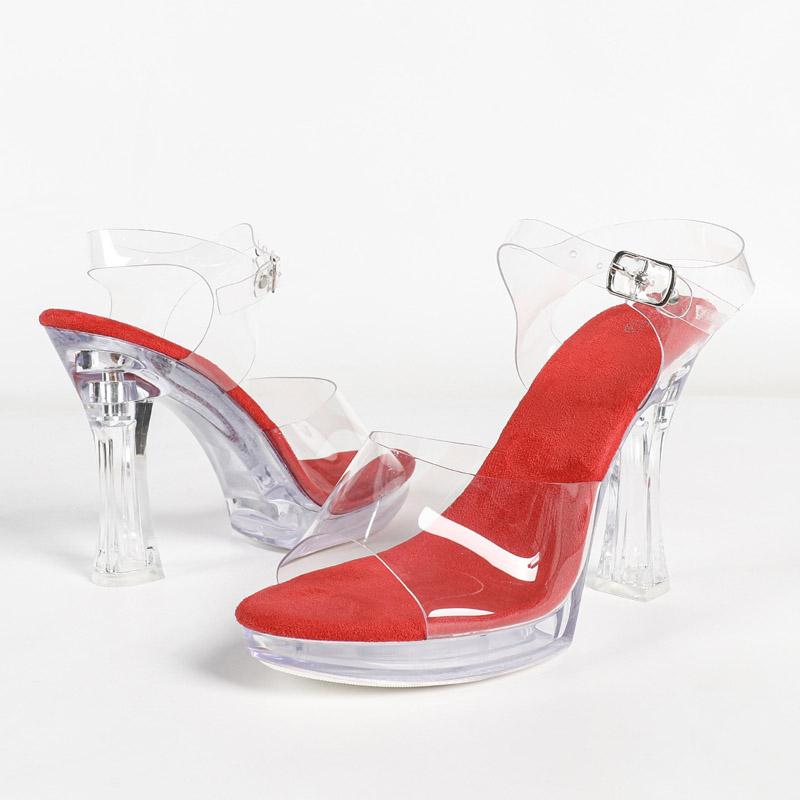 Pesstwei Big Size 43 CRYSTAL PVC Transparent High Heels Women Sandals Fashion Chunky Platform Buckle Strap Shoes