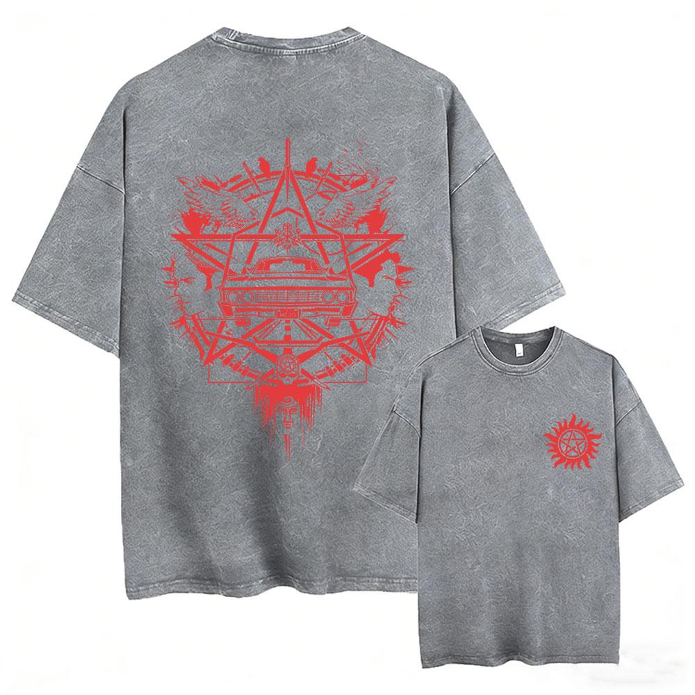 Hot Sale Supernatural Vintage Washed T-shirt Men Women Casual Retro Cotton T Shirts Unisex Casual Oversized T-shirts Streetwear