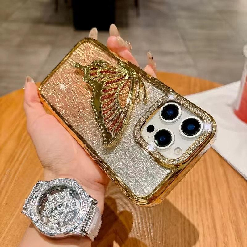 Luxury Bling Butterfly Bracket Transparent Case For iPhone 16 Plus 15 14 13 12 Pro Max 11 Plating Shiny Gradient Diamond Cover