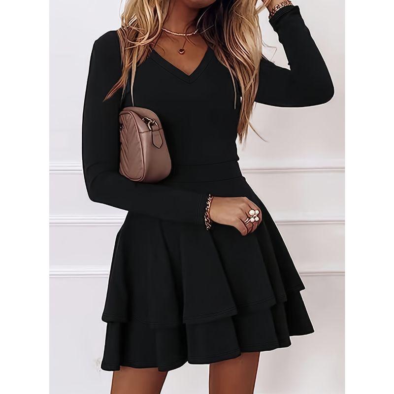 

Hepburn Style French Style Retro Long Sleeve Dress Women s Waist Slim Looking Temperament Small Size Black Puffy Princess Skirt Black XS