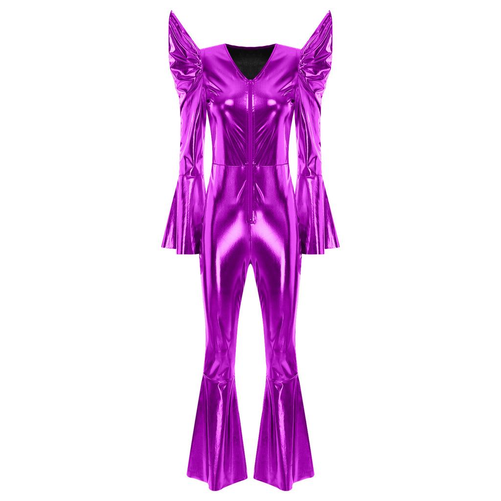 Tuta Disco Metallizzata Lucida da Donna Manica Lunga Vita Alta Zip Frontale Fondo a Zampa Romper Abbigliamento da Club