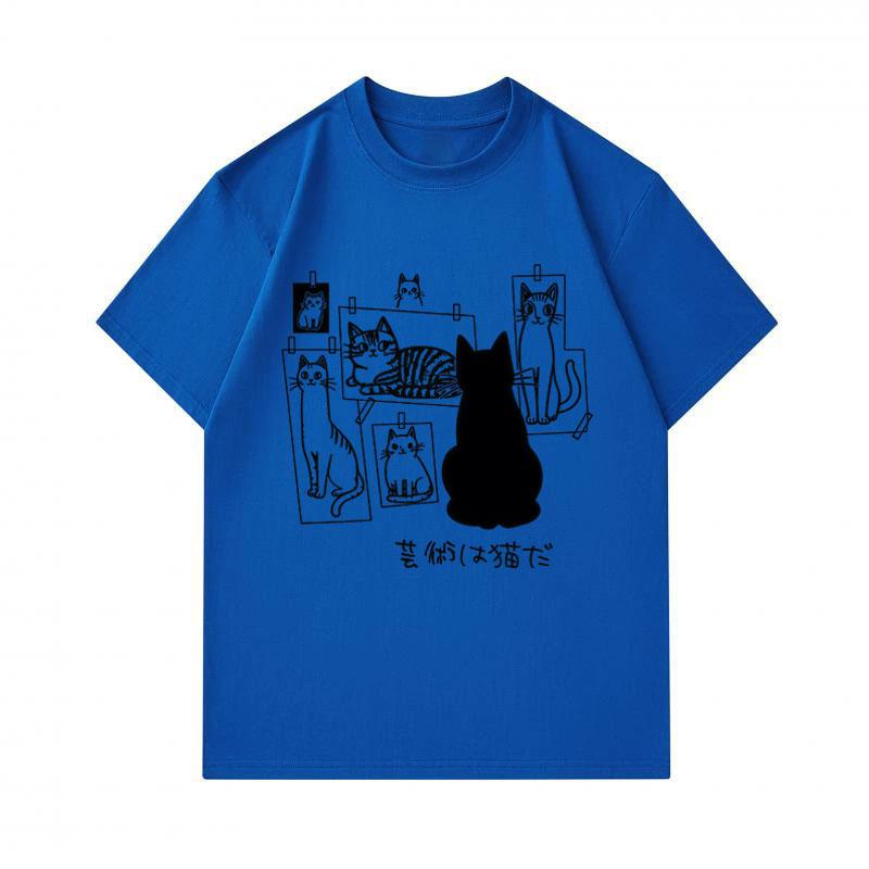 Men's 100% Cotton Crew Neck Short Sleeve T-Shirt, Funny Cat Art Print Casual Tee, Comfortable Lightweight Daily Top for Cat Lovers Streetwear